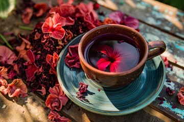 Wall Mural - Hibiscus tea in a pile of petals