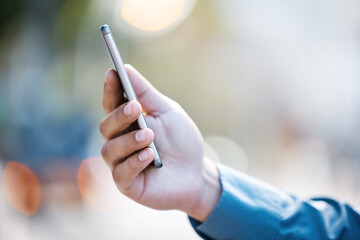 Poster - Hands, smartphone and business person for chat, networking and contact client in city with email. Mobile, closeup and man in urban street for communication, social media and online meeting outdoor