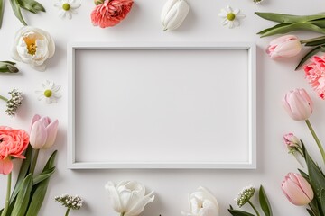 Diverse spring floral display with plain white frame concept of natural elegance close up daylight surreal fusion botanical garden, focus cover all object