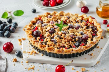 Wall Mural - Homemade fruit pie with crumble on white background pastry with jam for tea time