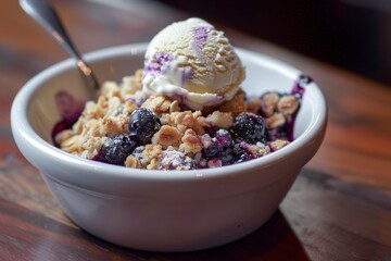 Poster - Homemade gluten free baked blueberry crumble with vanilla ice cream