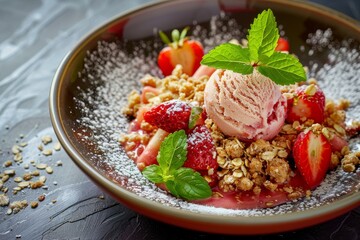 Poster - Homemade rhubarb and strawberry crumble with oatmeal and nut topping and vanilla ice cream