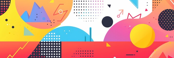 Wall Mural - A colorful abstract background with a yellow circle in the middle. The background is full of shapes and dots, giving it a fun and playful vibe