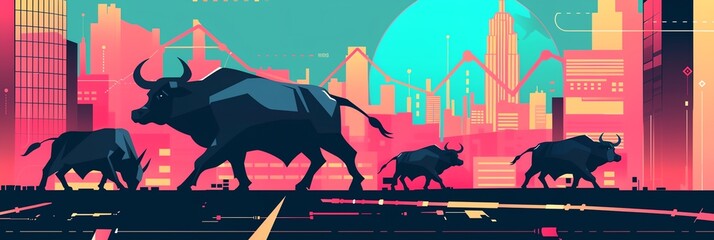 Wall Mural - A group of bulls are walking down a city street. The bulls are black and the city is pink and purple