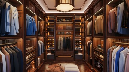 Wall Mural - A glamorous walk-in closet with custom shelving, elegant lighting, and an organized display of luxury clothing and accessories.