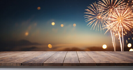 A rustic wooden table with a backdrop of vibrant fireworks bursting over a twilight sky, perfect for festive banners, party invitations, or holiday promotions.