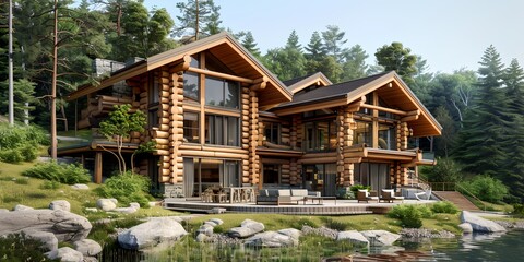 Wall Mural - A large log cabin with a large deck and a pool. The house is surrounded by trees and has a peaceful, serene atmosphere