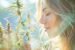 © Konstiantyn Zapylaie - A young woman with long blonde hair stands in a field of cannabis plants, deeply inhaling the scent of the flowers