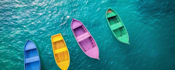 Aerial view of colorful boats on vibrant turquoise water on a sunny day