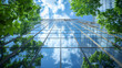© practice  - Exterior view showcasing sustainable architecture with a green building concept, glass curtain wall, and background of green trees against a clear blue sky.