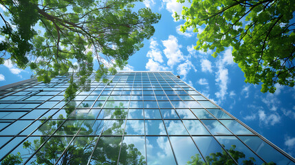 Sustainable architecture exterior view featuring a green building concept with a glass curtain wall, set against a backdrop of green trees and a blue sky.