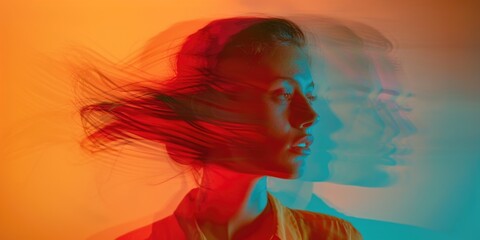 A woman's face is blurred and distorted, with her hair flowing in the wind