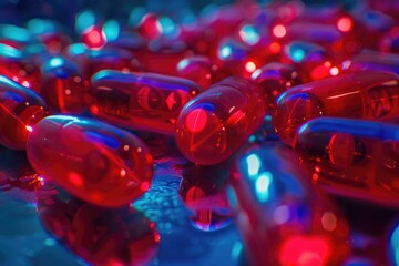 A close-up of red pills illuminated by blue light, creating a captivating interplay of color and reflection