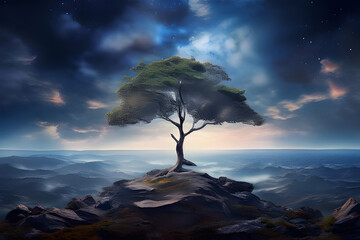 Sticker - A solitary tree stands defiant on a rocky outcrop, its roots clinging to the rugged terrain. Below, Earth curves away, revealing a breathtaking panorama of clouds .