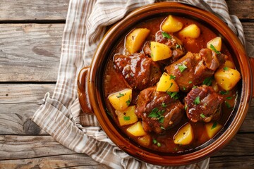 Canvas Print - Overhead view of pork cheek stew with potatoes on wood table