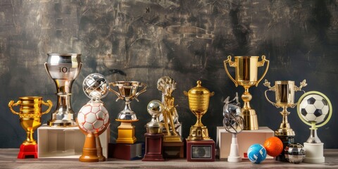 Poster - Row of golden trophies with soccer balls.