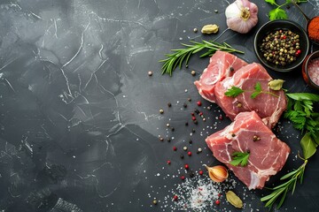 Poster - Pork cheeks with spices on dark surface Top view Food background