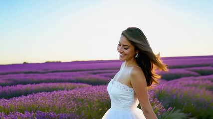 Wall Mural - Young woman walking on a lavender flower field