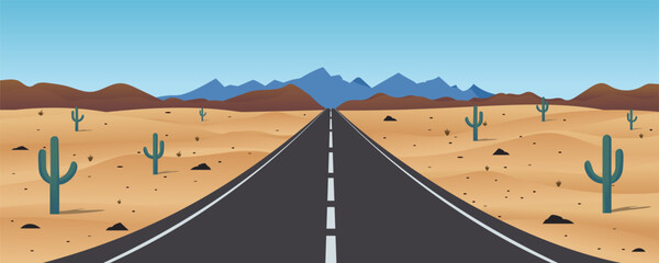 Wall Mural - Road in the desert. Highway through the desert among cacti, sand and beautiful mountains. Vector illustration of a desert landscape for design.