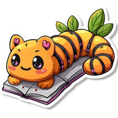  Sticker, centipede with a book in the style of cartoon style on a white background. Drawn in a cutely cute style