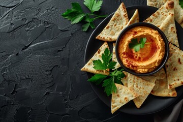 Sticker - Red pepper hummus with pita on black background