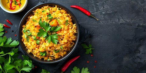 Wall Mural - Savoury lentil and rice dish with aromatic herbs and spices. Concept Lentils, Rice, Herbs, Spices, Savory Dish