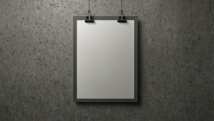 Poster - Empty White paper poster A4 mockup hanging with paper clip realistic vector on gray wall background