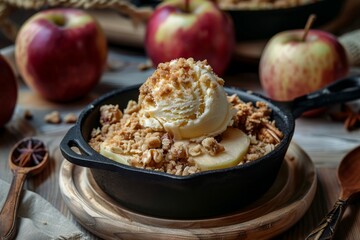 Wall Mural - Serve apple crumble with vanilla ice cream on iron pan and wooden tray