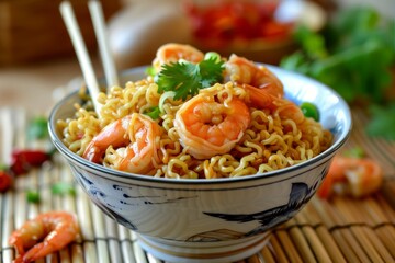 Sticker - Shrimp noodles on bamboo table