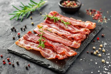 Poster - Sliced pancetta or bacon on dark background seasoned