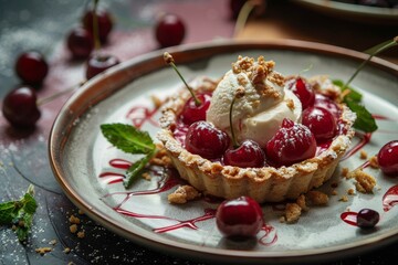 Sticker - Sour cherry tart with creamy filling served with ice cream in a rustic setting