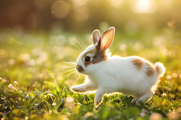 Poster - little cute rabbit bunny running on the field in summer