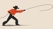© All Creative Lines - Silhouette of cowboy standing with lasso against solid beige background. Wild West in America