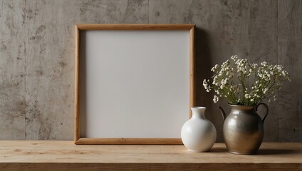 Poster - Landscape wooden empty frame mockup with copy space for artwork, , White wall and vase with dry gypsophila flower decoration