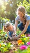 © Iswanto - Mother and daughter planting flowers together in a garden.