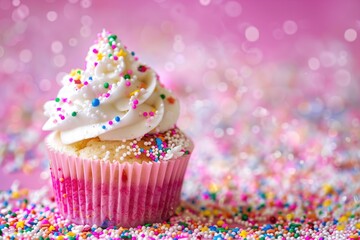 Abstract Cupcake Wallpaper with Colorful Sprinkles on Pink Background