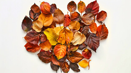 Wall Mural - heart-shaped arrangement of autumn leaves in various colors on white background