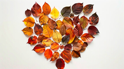 Wall Mural - heart shape made of autumn leaves on white background, perfect for fall season decorations and natur