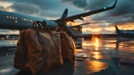 Stylish leather travel bags on wet tarmac with airplane at sunrise