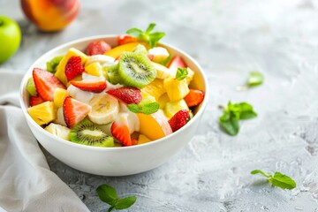 Sticker - Summer fruit salad with creamy Greek yogurt sauce and honey on white kitchen table Healthy recipe