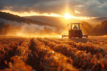 Wall Mural - Farmers harvesting crops in a sunlit field