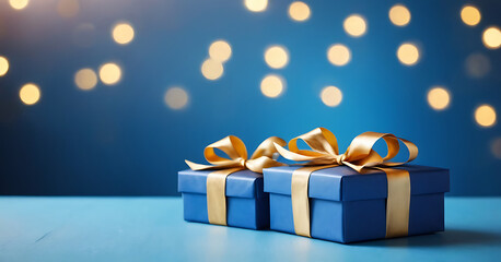 Two elegant blue gift boxes with gold ribbons on a blue bokeh background, perfect for holiday or special occasion marketing, social media posts, or greeting cards.