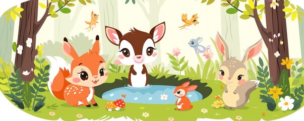 Poster - Cute Animals in a Forest Clearing.