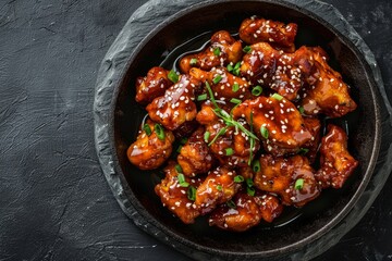 Wall Mural - Teriyaki chicken cooked in cast iron pan on black stone background top view