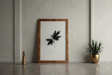 Poster - Minimal wooden picture poster frame mockup on white wallpaper