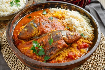 Poster - Thieboudienne is a Senegalese dish with fish rice and tomato sauce cooked together