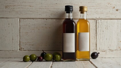 Mockup of an oil vinegar blank bottle with spices olives and blank label on white wooden background