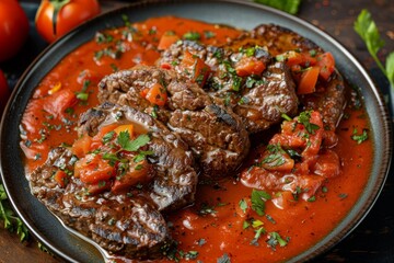 Canvas Print - Top view of beef liver cutlets with tomato sauce on a plate