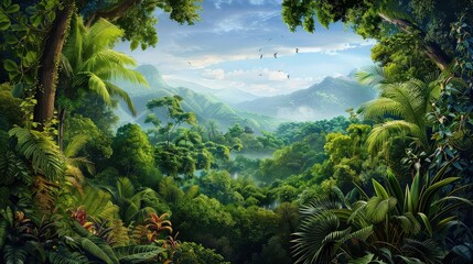 A lush green jungle with a mountain in the background