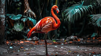 A stunning flamingo stands out against a dark backdrop, its vibrant colors contrasting against the deep black.